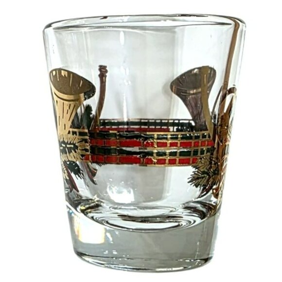 VTG Culver Christmas Shot Glass Yule French Horn 22K Gold MCM Plaid Bow Holiday - Picture 3 of 9